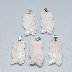 Rose Quartz Natural Rose Quartz Pendants, with Stainless Steel Snap On Bails, Owl, 39~45x20~22x7~10mm, Hole: 6x4mm