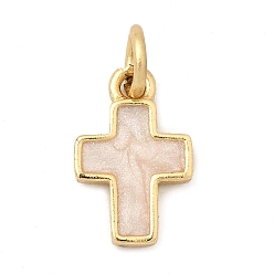 Персиковый Слойка Латунь эмаль прелести, крест очарование, с целью перехода в кольце, без свинца и без кадмия, долговечный, реальный 18 k позолоченный, стойки покрытие, розовые, 12x7x2 мм, отверстие : 2 мм