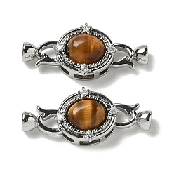 Платина Латунные микропаве прозрачные кубические циркони складные застежки, без кадмия, без никеля и без свинца, с натуральным тигровый глаз, овальные, платина, 34 мм