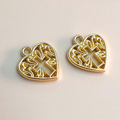 Золотой Сплавочные подвески тибетского стиля, сердце с крестом, золотые, 15x16x2 мм
