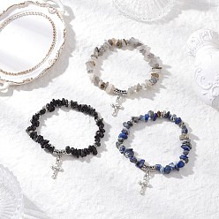 Mixed Stone 3Pcs Natural Mixed Gemstone Chip Beaded Stretch Bracelets, Alloy Cross Charm Bracelets for Men Women, Inner Diameter: 2-1/8 inch(5.3cm)