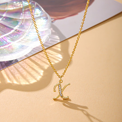 Letter X Модные латунные микропаве прозрачные кубические цирконии начальные подвески ожерелья для женщин, реальный 14 k позолоченный, Письмо X, 16.54 дюйм (42 см)