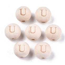 Letter U Unfinished Natural Wood European Beads, Large Hole Beads, Laser Engraved Pattern, Round with Word, Letter.U, 15~16x14~15mm, Hole: 4mm