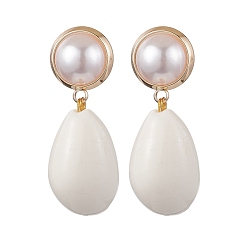 Seashell Color Acrylic Stud Earring, with Brass Stud Earring Findings, with Shell, Teardrop, Golden, Seashell Color, 35x13mm