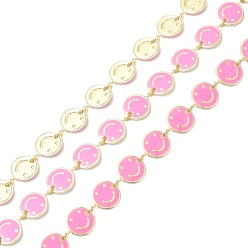 Hot pink Gliederkette aus Messing & Emaille, mit Spule, langlebig überzogen, flach rund mit lächelnden Gesicht, ungeschweißte, hot pink, 8x1 mm, ca. 10.93 Yards (10 m)/Rolle