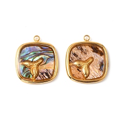 Квадрат 304 подвески из натуральной ракушки пауа из нержавеющей стали, золотые, квадрат с рыбьим хвостом, 18.5x16x2.5 мм, отверстие : 1.5 мм