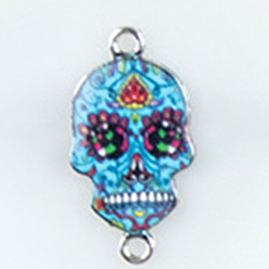 Dodger Blue Cinco de Mayo Alloy Enamel Connector Charms, Sugar Skull Links, Platinum, Dodger Blue, 26x14mm