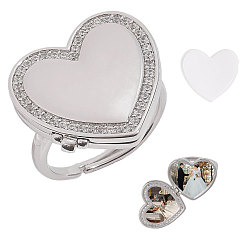 Platinum 1Pc Brass Heart Locket Adjustable Rings, Empty Photo Insert Ring, Platinum, US Size 7 1/4(17.5mm), Tray Size: 15x16.5mm