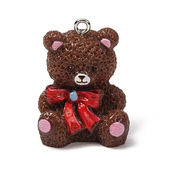 Brown Opaque Resin Pendants, Teddy Bear with Bowknot Charms, with Platinum Iron Loops, Brown, 29x21x22mm, Hole: 2mm