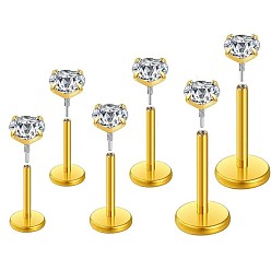 Золотой 316l хирургическая нержавеющая сталь паве прозрачный кубический цирконий плоские круглые лабреты с внутренней резьбой, золотые, 8x4 мм, штифты : 4 мм