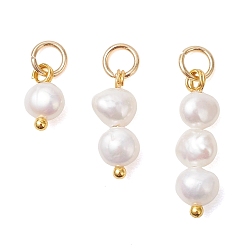 Белый 3шт. подвески из натурального культивированного пресноводного жемчуга в форме картофеля, подвески из бисера, золотые, белые, 9~20x5.5~6x4.5~5 мм, Перейти кольцо: 5x0.8 мм, внутренний диаметр: 3.4 мм