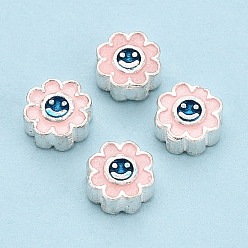 Pink 925 бусины из стерлингового серебра с эмалью, улыбающееся лицо цветок, серебряный цвет гальваническим, розовые, 6x6x3 мм, отверстие : 1.2~1.4 мм