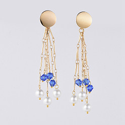 Blue Long Tassel Earrings, Brass Dangle Stud Earrings, with Rhombus Glass, Glass Pearl Beads and Earring Backs/Ear Nuts, Golden, Blue, 92mm, Pin: 0.7mm