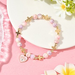 Pink Браслеты с подвесками в виде сердца с глазом из сплава и эмали, Комплект из синтетических браслетов с бирюзой и латунными бусинами, окрашенных в запекаемый цвет, для женщин, розовые, внутренний диаметр: 2-1/2 дюйм (6.5 см)