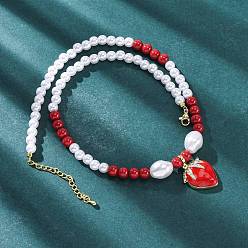 Real 18K Gold Plated Strawberry Brass Micro Pave Clear Cubic Zirconia Red Enamel Pendant Necklaces for Women, with Plastic Pearl, Cadmium Free & Lead Free, Long-Lasting Plated, Rack , Real 18K Gold Plated, 17.32 inch(44cm)