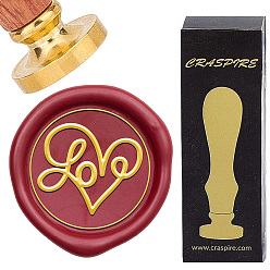 Сердце Набор сургучной печати, золотистый тон сургучной печати цельная латунная головка, с деревянной ручкой в стиле ретро, для конвертов приглашений, подарочная карта, сердце, 83x22 мм, штампы: 30x14.5 мм