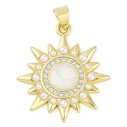 Солнце Покрытие стойки латунь микропаве прозрачные подвески из кубического циркония, с абс пластиковым перламутром и эмалью, долговечный, без кадмия и без свинца, реальный 18 k позолоченный, солнце, 25.5x22.5x3 мм, отверстие : 4.5x3.5 мм