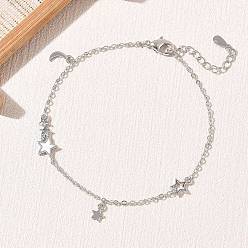 Platinum Brass Enamel White Charm Bracelets, Moon & Star, Long-Lasting Plated, Rack Plating, Lead Free & Cadmium Free, Platinum, 6.69 inch(17cm)