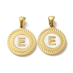 Letter E Ионное покрытие (ip) 304 подвески из нержавеющей стали, плоские круглые подвески-ракушки с буквой, золотые, Письмо E, 20.5x17.5x1.5 мм, отверстие : 2.5x4.5 мм