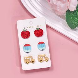 Mixed Color 3 Pairs Acrylic Stud Earrings, Mixed Shapes, with Glitter Powder, Mixed Color, 15mm