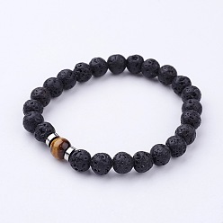 BurlyWood Natural Lava Rock Beaded Stretch Bracelets, with Tiger Eye Beads and Brass Spacer Beads, BurlyWood, 2-3/8 inch(60mm)