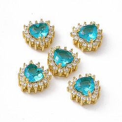 Темно-Голубой Стойки обшивки латунь микро проложить кубического циркония бусы, со стеклом, реальный 18 k позолоченный, долговечный, без кадмия, без никеля и без свинца, сердце, глубокое синее небо, 10.5x10.5x6 мм, отверстие : 1.2~3.5x1.2~1.4 мм