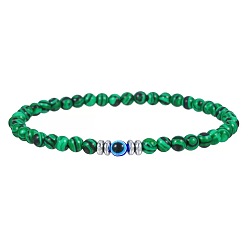 Malachite Glass Evil Eye 4MM Synthetic Malachite Beaded Stretch Bracelets for Men, 7.09 inch(18cm)~7.48 inch(19cm)