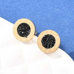 Черный Плоские круглые 304 из нержавеющей стали серьги стержня, с полимерной глиной и горным хрусталем, ионное покрытие (ip), чёрные, 10 мм