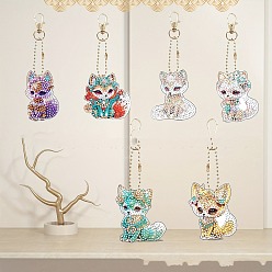 Mixed Color DIY Fox Pattern Diamond Painting Keychain Kit, Including Acrylic Board, Keychain Clasp, Bead Chain, Resin Rhinestones Bag, Diamond Sticky Pen, Tray Plate & Glue Clay, Mixed Color, 75mm, 5pcs/set