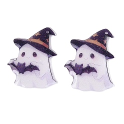 Ghost Кулоны из эпоксидной смолы на Хэллоуин, с золотой фольгой и блестками, амулет в виде призрака волшебника с летучей мышью, 29.5x21.5x3 мм, отверстие : 1.2 мм