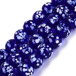 Medium Blue Handmade Lampwork Beads Strands, Speckled Round, Medium Blue, 7.5~9mm, Hole: 0.8~1.4mm, about 45~46pcs/strand, 12.60~13.58 inch(32~34.5cm)