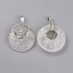 Хрусталь Природного кварца хрустальных подвесок, с латунной фурнитурой платинового цвета, плоский круглый с hamsa рука / рука fatima / рука miriam, 32~32.5x28x7~7.5 мм, отверстие : 5x8 мм