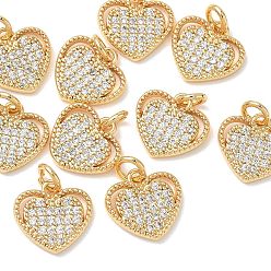 Real 18K Gold Plated SHEGRACE Valentine's Day Brass Clear Cubic Zirconia Pendants, Heart Charms, Cadmium Free & Lead Free & Nickel Free, Real 18K Gold Plated, 9.5x10x1.5mm, Hole: 2.5mm