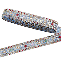 Light Blue Ethnic Style Polyester Ribbon, Emobridered Woven Ribbon, with Sequins, Light Blue, 1-5/8 inch(40mm)