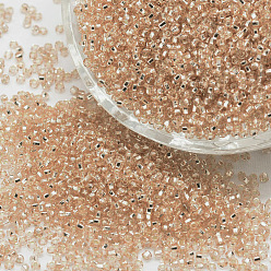 Персиковый Слойка 8/0 круглые бусины из стекла семян, серебряная линия квадратное отверстие, прозрачные цвета, розовые, 2.8~3.2 мм, отверстия : 1.0 mm, около 15000 шт / фунт