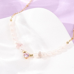 Strawberry Quartz Natural Strawberry Quartz Chip and Rice Natural Pearl Beaded Necklaces, Brass Pave Cubic Zirconia Necklaces, Real 18K Gold Plated, Long-Lasting Plated, Rack Plating, Lead Free & Cadmium Free, 14.96 inch(38cm)