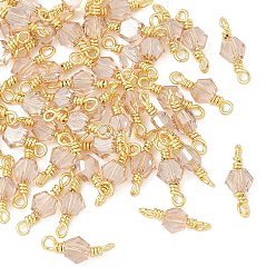 Розовый Стеклянные граненые шестигранные соединительные подвески, с петлями из латунной проволоки, реальный 18 k позолоченный, стойки покрытие, долговечный, туманная роза, 11.5x4x2.5 мм, отверстие : 1~1.2 мм