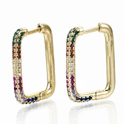 Настоящее золото 16K Серьги-кольца из латуни с микро-паве из фианита, без никеля , прямоугольные, красочный, реальный 16 k позолоченный, 24x16.5x3 мм, штифты : 0.8x1.3 мм