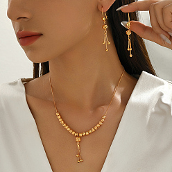 Настоящее золото 18K Винтажное латунное колье и серьги с круглыми бусинами и кисточками для женщин., реальный 18 k позолоченный, ожерелья: 16.54 дюйм (42 см)