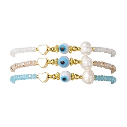 Сердце Стекло вышитый бисером браслеты, с жемчужными подвесками, сердце, внутренний диаметр: 2-1/8~3 дюйм (5.45~7.7 см), 3 шт / комплект