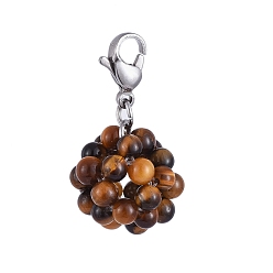 Тигровый глаз Подвески из натурального тигрового глаза, с 304 из нержавеющей стали Lobster Claw застежками, круглые, цвет нержавеющей стали, 33 мм