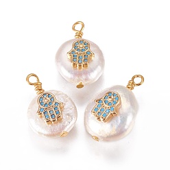 Темно-Голубой Подвески из натурального пресноводного жемчуга, с кубического циркония и латуни выводов, плоский круглый с hamsa рука / рука fatima / рука miriam, золотые, глубокое синее небо, 17~21x12~16 мм, отверстие : 1.6 мм