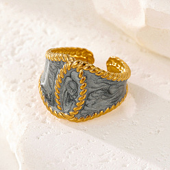 Gray 304 Stainless Steel Enamel Open Cuff Rings, Horse Eye, Golden, Gray, 19mm