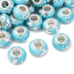 Голубой Европейские бусины-рондель из непрозрачной смолы, с серебряной фольгой и латунными двойными сердечниками серебристого тона, бусины с большим отверстием, голубой, 13.8x8.5 мм, отверстие : 4.5~5 мм
