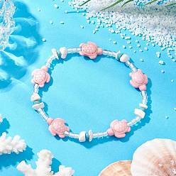 Pink Летние пляжные браслеты с черепахой, эластичные браслеты на ногу из окрашенной синтетической бирюзы, магнезита и стеклянных бусин, розовые, внутренний диаметр: 2-7/8 дюйм (72 мм)