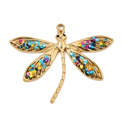 Real 18K Gold Plated 304 Stainless Steel Enamel Pendants, with Sequins, Dragonfly Charms, Real 18K Gold Plated, 29x35x2mm, Hole: 1.6mm