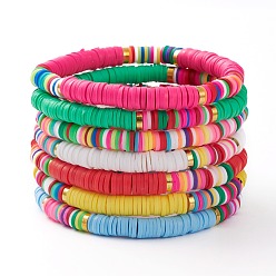 Mixed Color 7Pcs Rainbow Polymer Clay Heishi Beads Stretch Bracelets Set, Stackable Bracelets, with Golden Plated Brass Beads, Mixed Color, Inner Diameter: 2-1/8 inch(5.5cm)