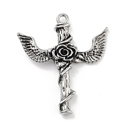 Античное Серебро Сплавочные подвески тибетского стиля, крест с цветком крыла, античное серебро, 50x44x6.5 мм, отверстие : 3 мм