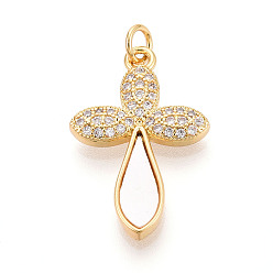 Настоящее золото 18K Латунные микропаве прозрачные подвески с фианитом, без кадмия и без свинца, с оболочкой, крестик, с целью перехода в кольце, реальный 18 k позолоченный, 26x16.5x3 мм, отверстие : 3 мм
