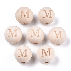 Letter M Unfinished Natural Wood European Beads, Large Hole Beads, Laser Engraved Pattern, Round with Word, Letter.M, 15~16x14~15mm, Hole: 4mm